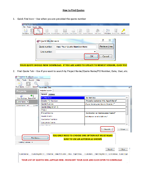 AccuQuote Screen Shots Finding Quotes Converting Quote to an Order