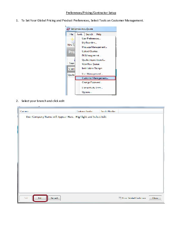 AccuQuote Screen Shots Branchwide Contractor Pricing Preferences Setup