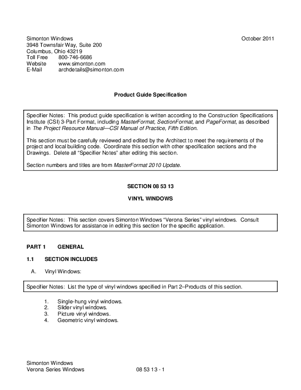 Verona Series Windows Guide Specification