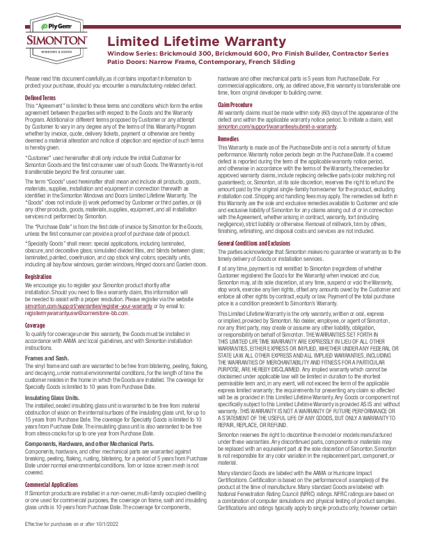 Simonton Narrow Frame Patio Door Warranty