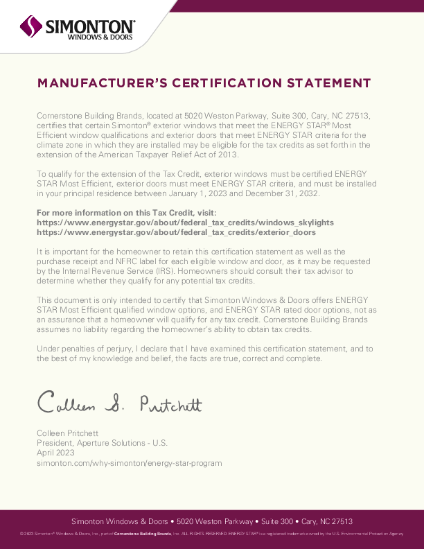 Simonton 2023 - 2025 Energy Tax Credit Certification Statement