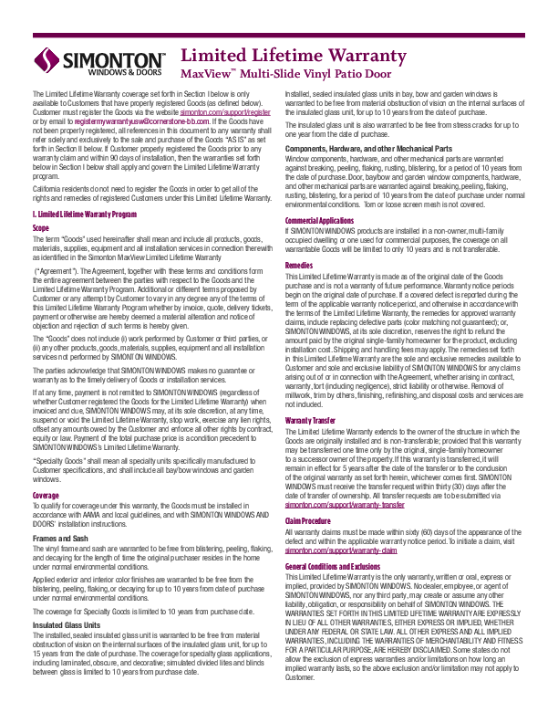 Simonton MaxView Multi-Slide Patio Door Warranty